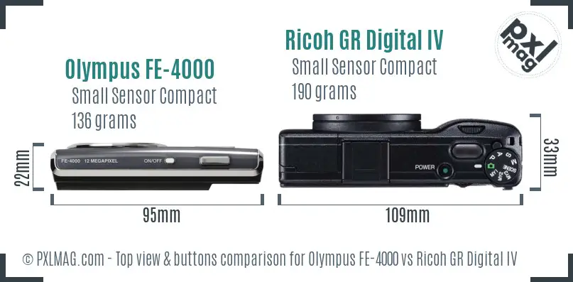 Olympus FE-4000 vs Ricoh GR Digital IV top view buttons comparison