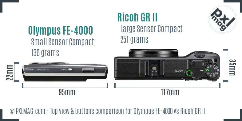 Olympus FE-4000 vs Ricoh GR II top view buttons comparison