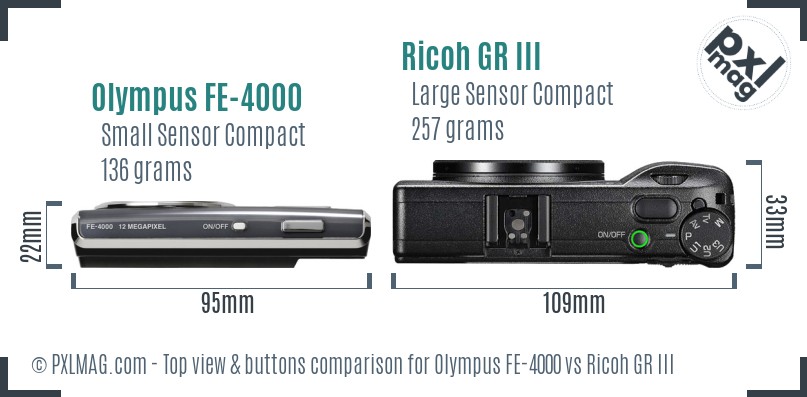 Olympus FE-4000 vs Ricoh GR III top view buttons comparison