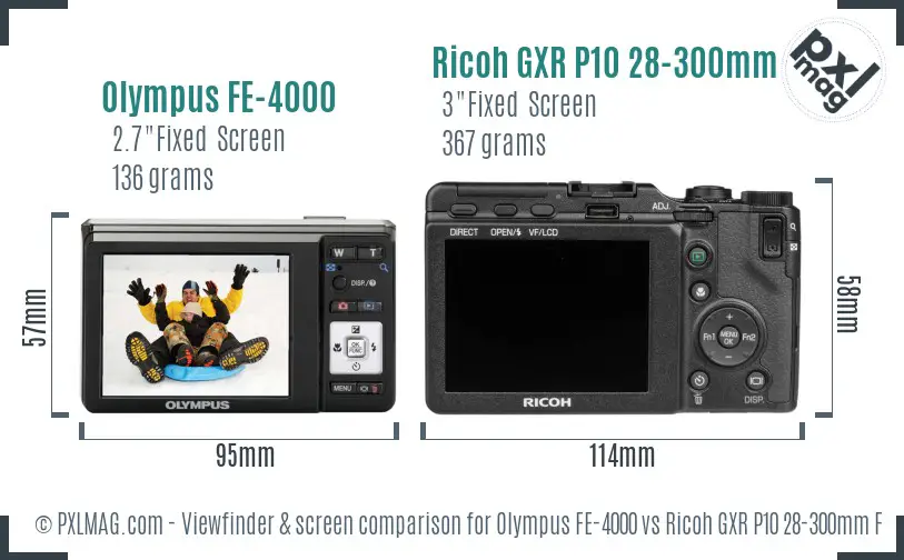 Olympus FE-4000 vs Ricoh GXR P10 28-300mm F3.5-5.6 VC Screen and Viewfinder comparison