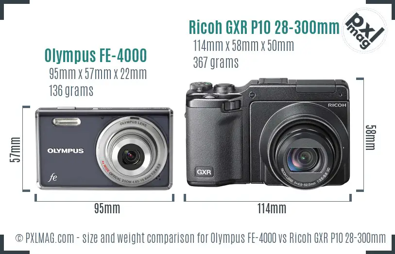 Olympus FE-4000 vs Ricoh GXR P10 28-300mm F3.5-5.6 VC size comparison