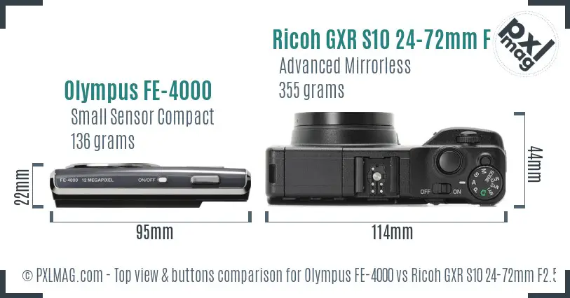 Olympus FE-4000 vs Ricoh GXR S10 24-72mm F2.5-4.4 VC top view buttons comparison