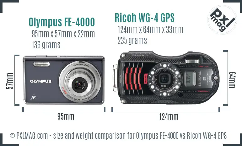 Olympus FE-4000 vs Ricoh WG-4 GPS size comparison Olympus FE-4000 vs Ricoh WG-4 GPS size comparison