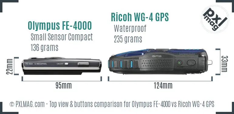 Olympus FE-4000 vs Ricoh WG-4 GPS top view buttons comparison Olympus FE-4000 vs Ricoh WG-4 GPS top view buttons comparison