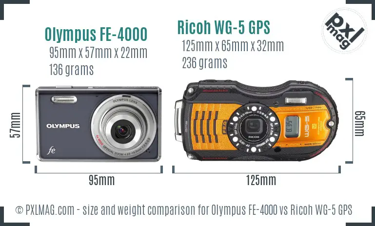 Olympus FE-4000 vs Ricoh WG-5 GPS size comparison