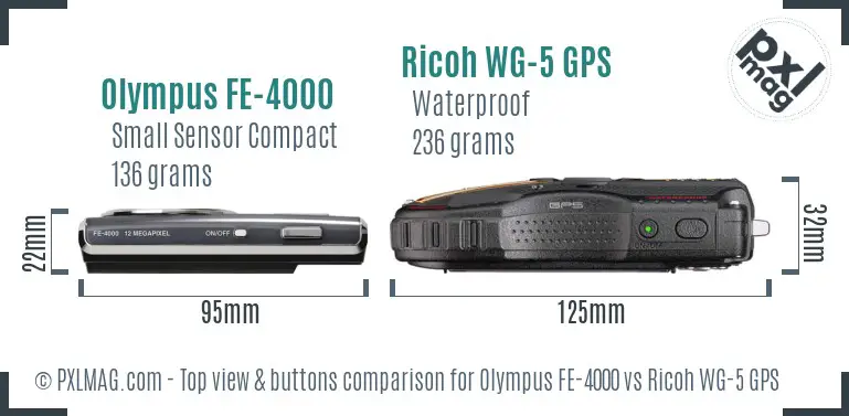 Olympus FE-4000 vs Ricoh WG-5 GPS top view buttons comparison