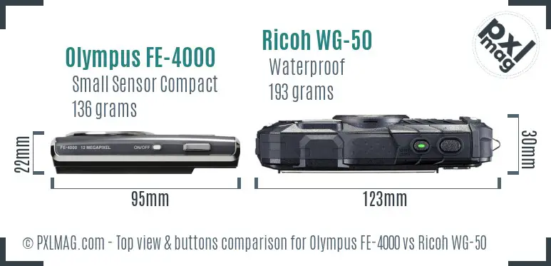 Olympus FE-4000 vs Ricoh WG-50 top view buttons comparison