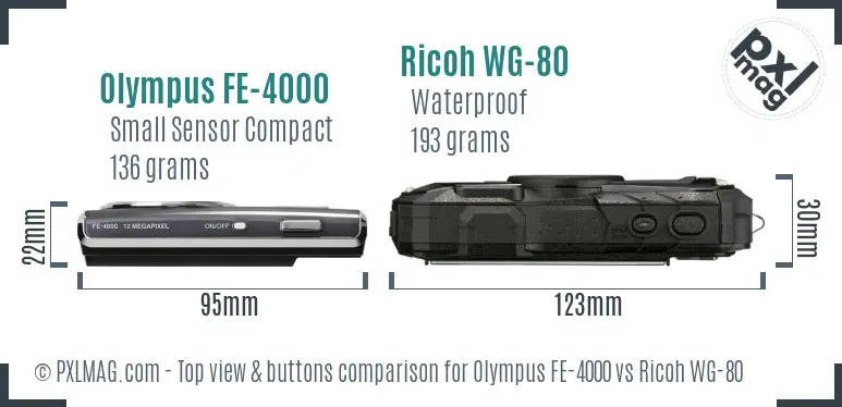 Olympus FE-4000 vs Ricoh WG-80 top view buttons comparison Olympus FE-4000 vs Ricoh WG-80 top view buttons comparison