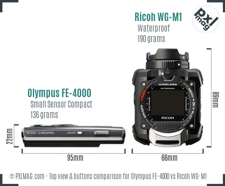 Olympus FE-4000 vs Ricoh WG-M1 top view buttons comparison