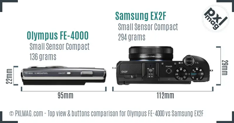 Olympus FE-4000 vs Samsung EX2F top view buttons comparison