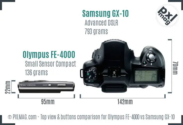 Olympus FE-4000 vs Samsung GX-10 top view buttons comparison