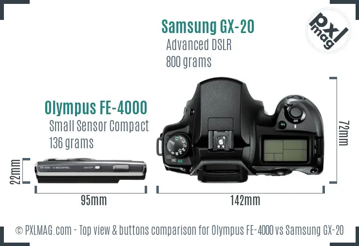 Olympus FE-4000 vs Samsung GX-20 top view buttons comparison