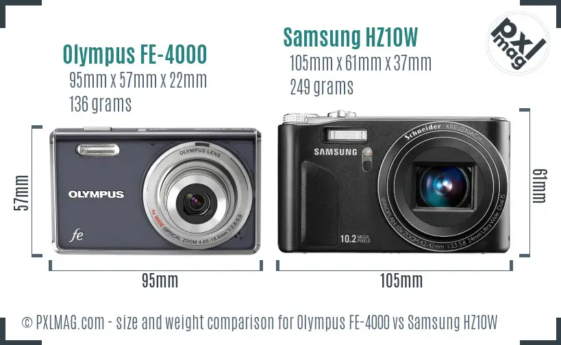 Olympus FE-4000 vs Samsung HZ10W size comparison