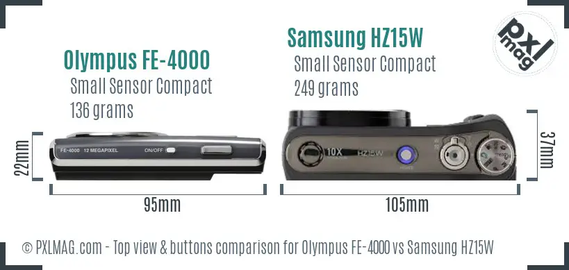 Olympus FE-4000 vs Samsung HZ15W top view buttons comparison