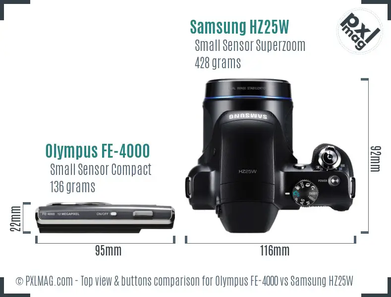Olympus FE-4000 vs Samsung HZ25W top view buttons comparison Olympus FE-4000 vs Samsung HZ25W top view buttons comparison