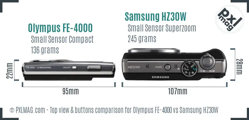 Olympus FE-4000 vs Samsung HZ30W top view buttons comparison