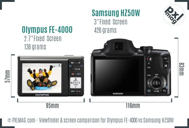 Olympus FE-4000 vs Samsung HZ50W Screen and Viewfinder comparison Olympus FE-4000 vs Samsung HZ50W Screen and Viewfinder comparison