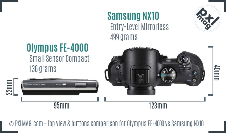 Olympus FE-4000 vs Samsung NX10 top view buttons comparison