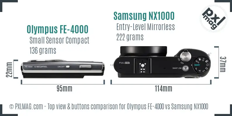 Olympus FE-4000 vs Samsung NX1000 top view buttons comparison Olympus FE-4000 vs Samsung NX1000 top view buttons comparison