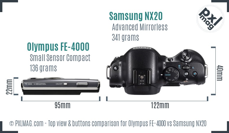 Olympus FE-4000 vs Samsung NX20 top view buttons comparison