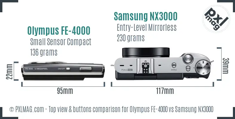 Olympus FE-4000 vs Samsung NX3000 top view buttons comparison