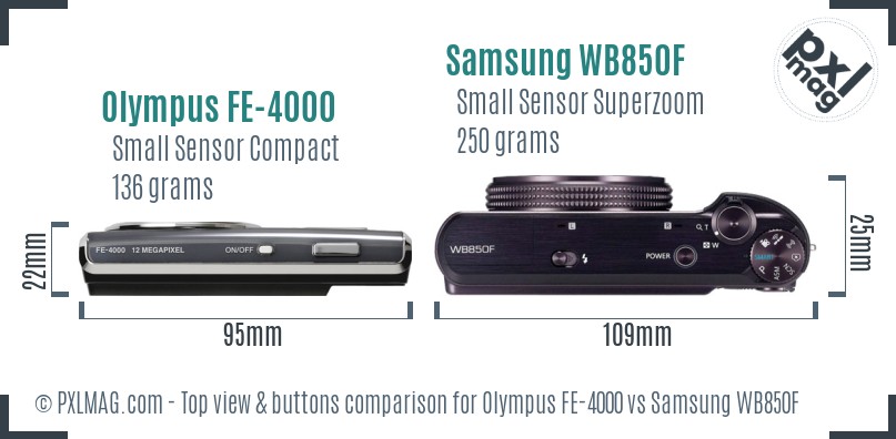 Olympus FE-4000 vs Samsung WB850F top view buttons comparison