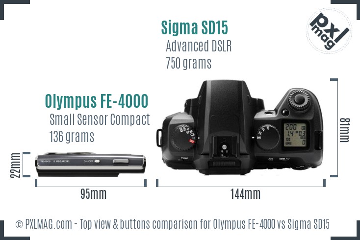 Olympus FE-4000 vs Sigma SD15 top view buttons comparison