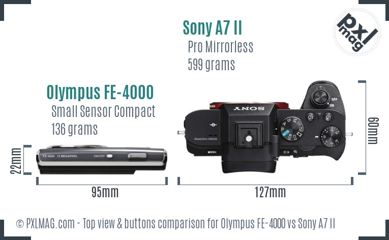 Olympus FE-4000 vs Sony A7 II top view buttons comparison