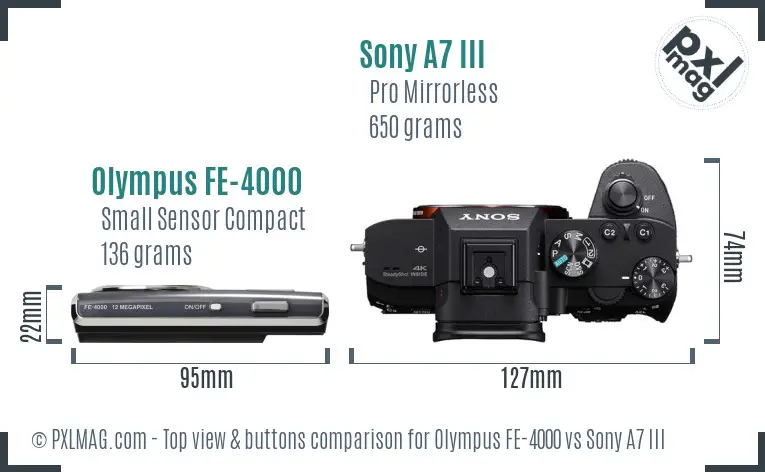 Olympus FE-4000 vs Sony A7 III top view buttons comparison