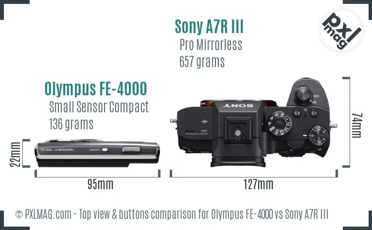 Olympus FE-4000 vs Sony A7R III top view buttons comparison