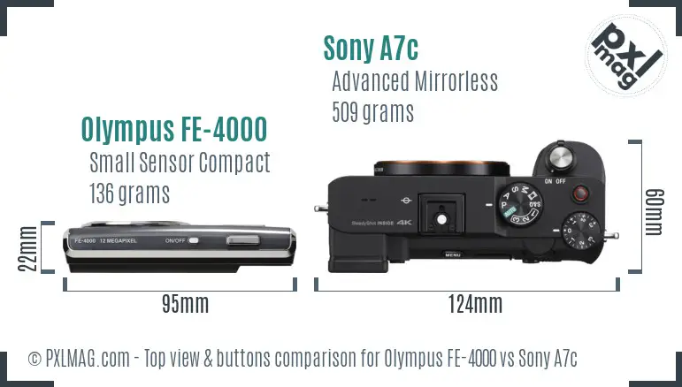 Olympus FE-4000 vs Sony A7c top view buttons comparison