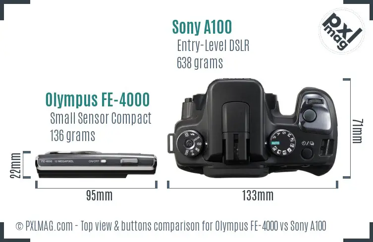 Olympus FE-4000 vs Sony A100 top view buttons comparison