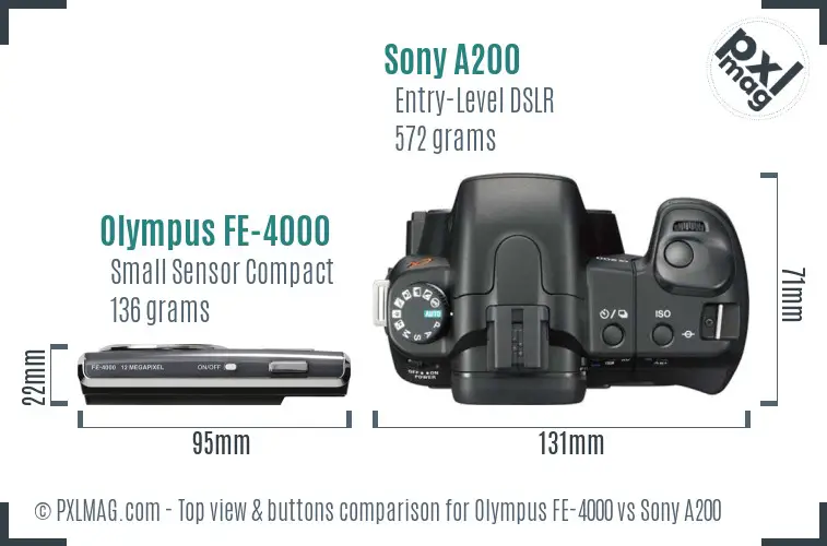 Olympus FE-4000 vs Sony A200 top view buttons comparison