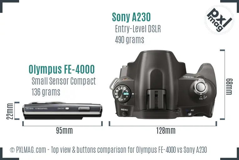 Olympus FE-4000 vs Sony A230 top view buttons comparison