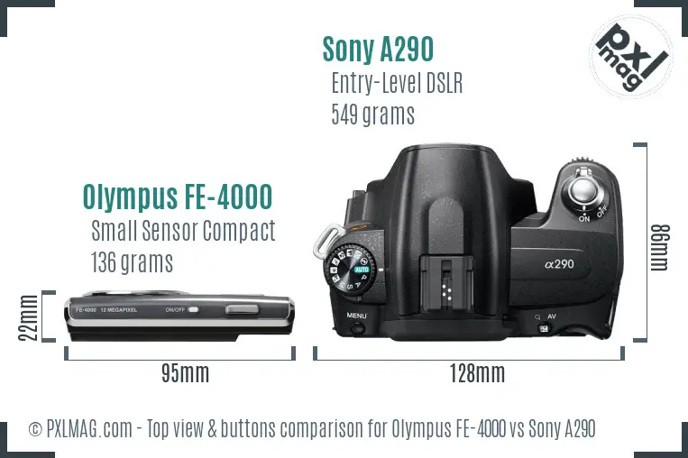 Olympus FE-4000 vs Sony A290 top view buttons comparison