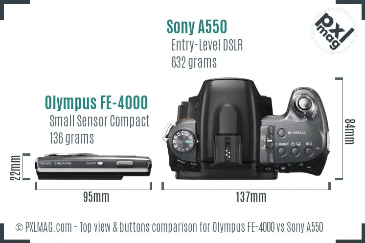 Olympus FE-4000 vs Sony A550 top view buttons comparison