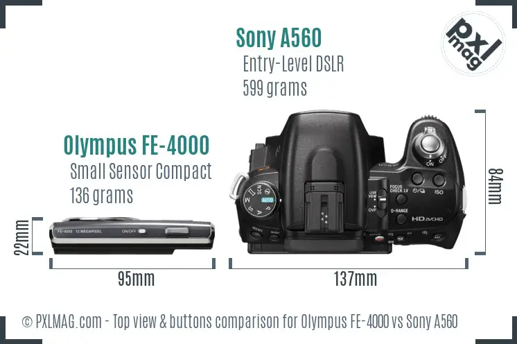 Olympus FE-4000 vs Sony A560 top view buttons comparison