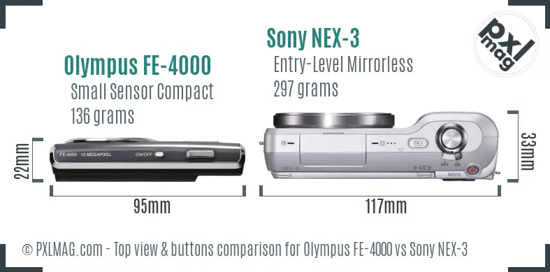 Olympus FE-4000 vs Sony NEX-3 top view buttons comparison