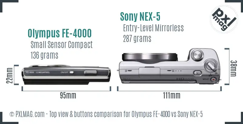 Olympus FE-4000 vs Sony NEX-5 top view buttons comparison