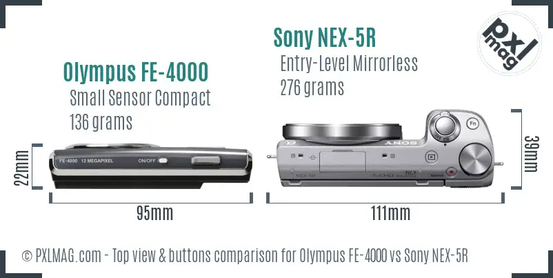 Olympus FE-4000 vs Sony NEX-5R top view buttons comparison