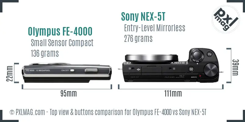 Olympus FE-4000 vs Sony NEX-5T top view buttons comparison