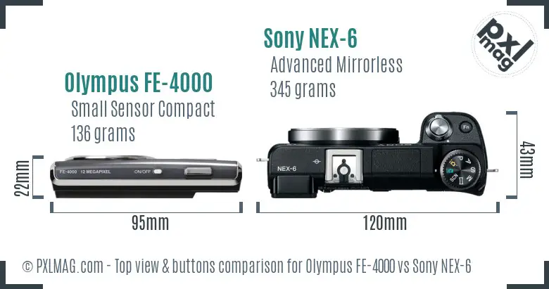 Olympus FE-4000 vs Sony NEX-6 top view buttons comparison