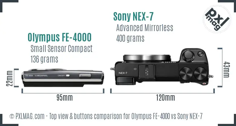 Olympus FE-4000 vs Sony NEX-7 top view buttons comparison