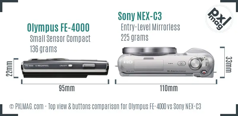 Olympus FE-4000 vs Sony NEX-C3 top view buttons comparison