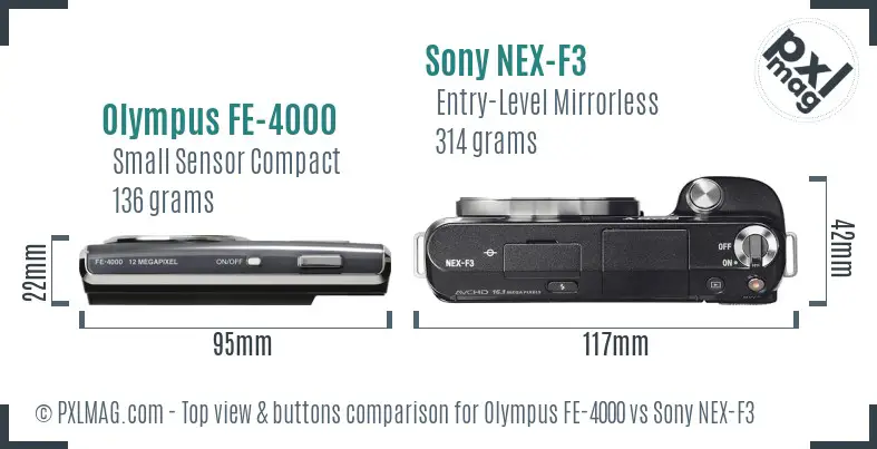 Olympus FE-4000 vs Sony NEX-F3 top view buttons comparison