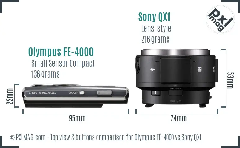 Olympus FE-4000 vs Sony QX1 top view buttons comparison