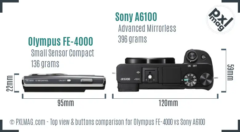 Olympus FE-4000 vs Sony A6100 top view buttons comparison