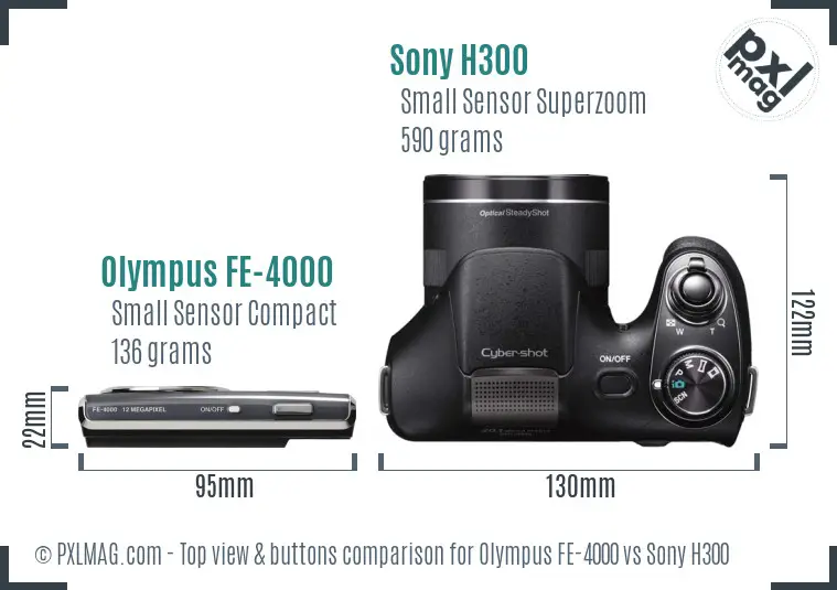 Olympus FE-4000 vs Sony H300 top view buttons comparison