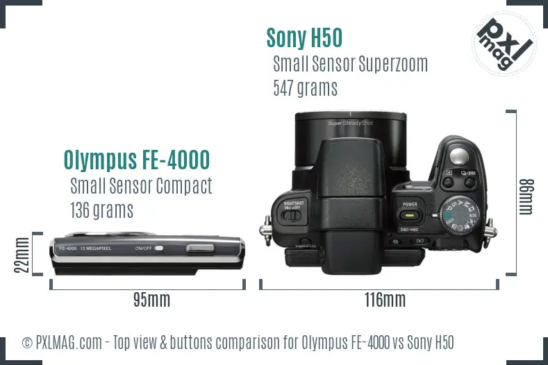 Olympus FE-4000 vs Sony H50 top view buttons comparison