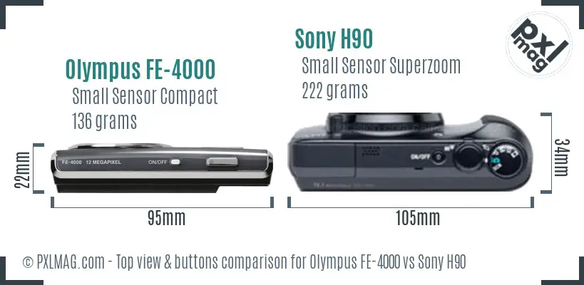 Olympus FE-4000 vs Sony H90 top view buttons comparison